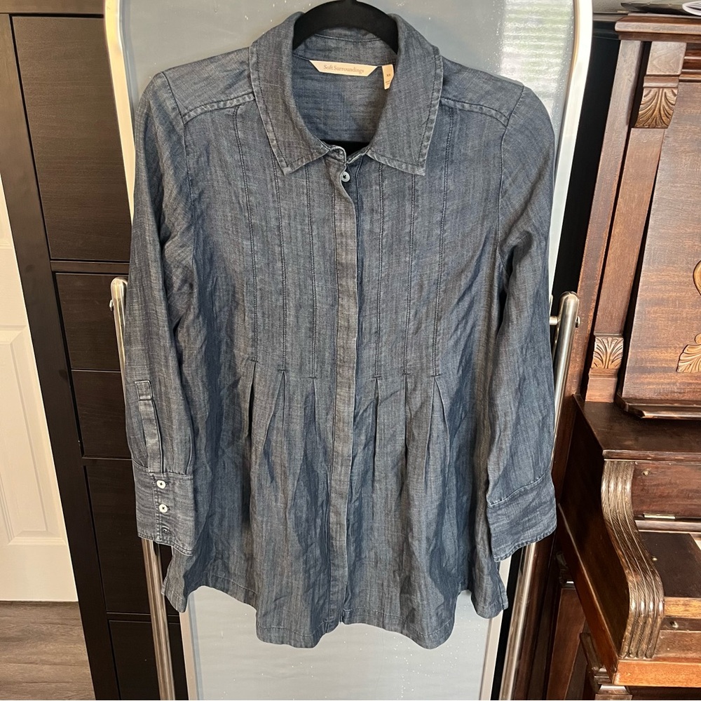 Soft Surroundings XS Blue Tencel Lyocell Pintuck Pleated Button Front Tunic Top